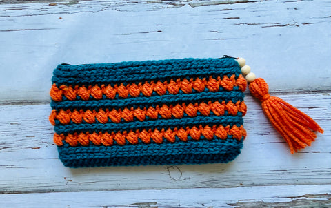 Teal and Orange Stripped Zipper Pouch