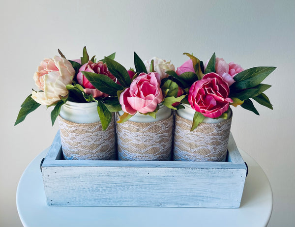 Bright Pink and Cream Peony Mason Jar Centrepiece with Burlap