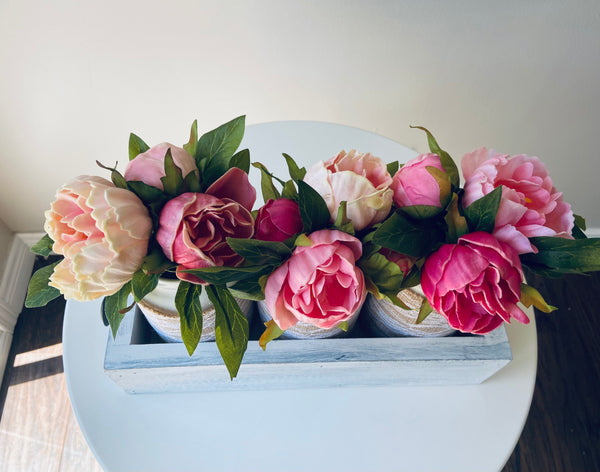 Bright Pink and Cream Peony Mason Jar Centrepiece with Burlap