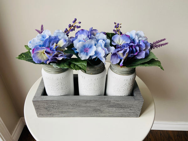 Pale Blue Hydrangea Mason Jar Centrepiece