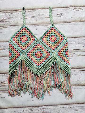 Green Peach Blossom Granny Square Top