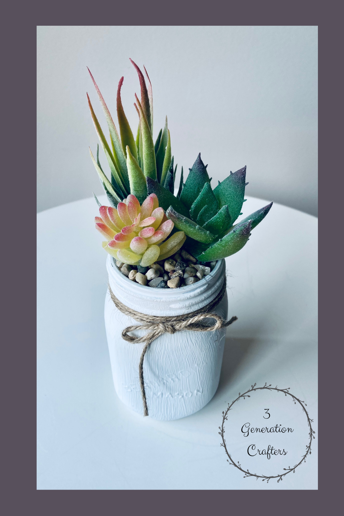Linen White Jar with Three Succulents and River Rocks
