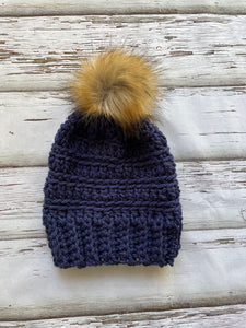 Faded Denim Chunky Textured Pompom Hat with Light Brown Pompom